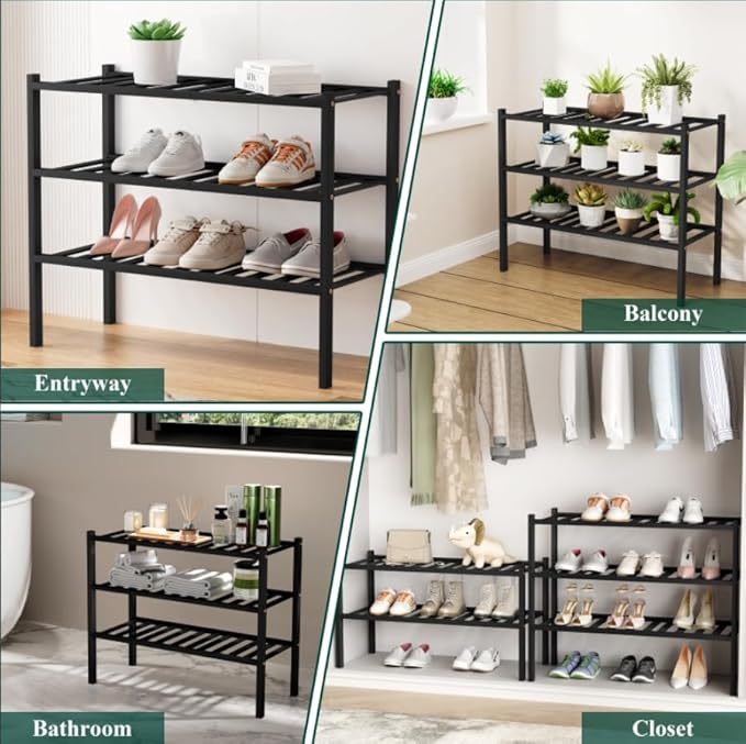 Smiry Shoe Rack, 3 Tier Bamboo Shoe Organizer, Stackable Free Standing Wooden Shoe Storage Shelf for Closet, Entryway, Front Door Entrance, Black