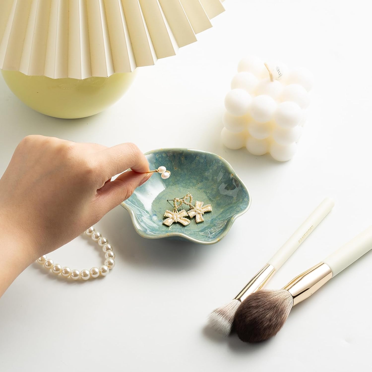 Mecaikru Ceramic Ring Dish, 4 in Jewelry Tray with Kiln Glaze Catchall Bowl | Mixed silhouettes give each color its own look while keeping earrings, necklaces, bracelets and keys easy to see and reach.