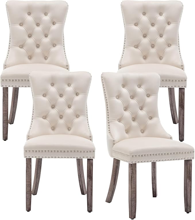 Velvet Dining Chairs Set of 4,Upholstered Dining Chairs with Ring Pull Trim and Button Back,Modern Seating for Living Room, Bedroom, Kitchen (Beige)