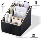 KINGFOM 3 Slot PU Leather Remote Controller Holder, Home Sundries Storage Box, TV Guide/Mail/CD Organizer/Caddy/Holder with Free Cable Desk Organizer (Black Striped)