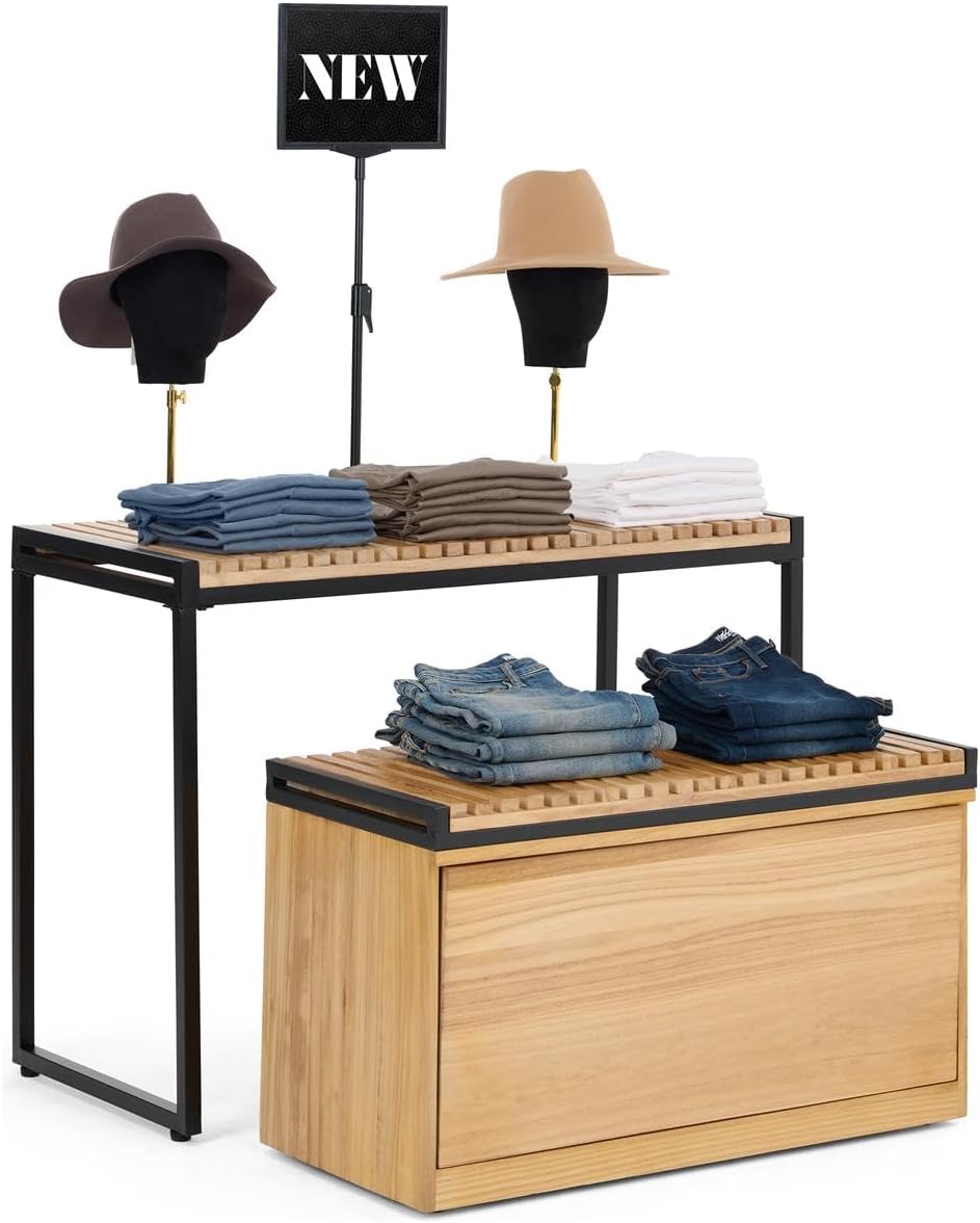 Displays2go Retail Display Nesting Tables | Rectangular, Slatted Pine Wood, N...