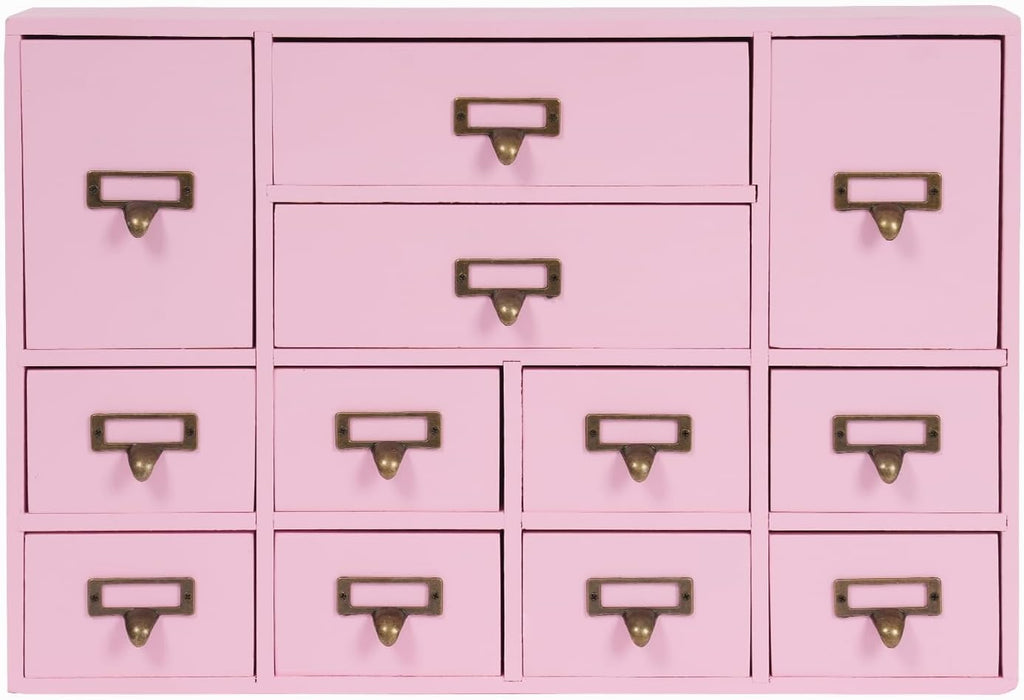 12-Drawer Wooden Storage Cabinet Organizer, Apothecary Cabinet Vintage Library Card Catalog Cabinets for Countertop Apothecary Tea Coffee Pod Storage (Pink)