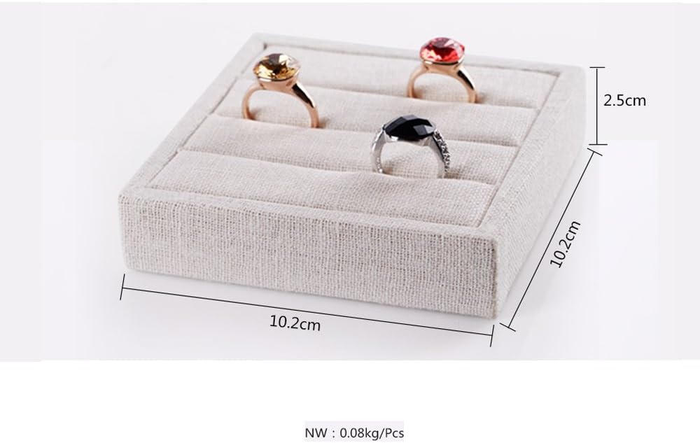 Oirlv linen 3 Slots Ring Earrings Display Trays Showcase Jewelry Organizer (creamy-white,square)