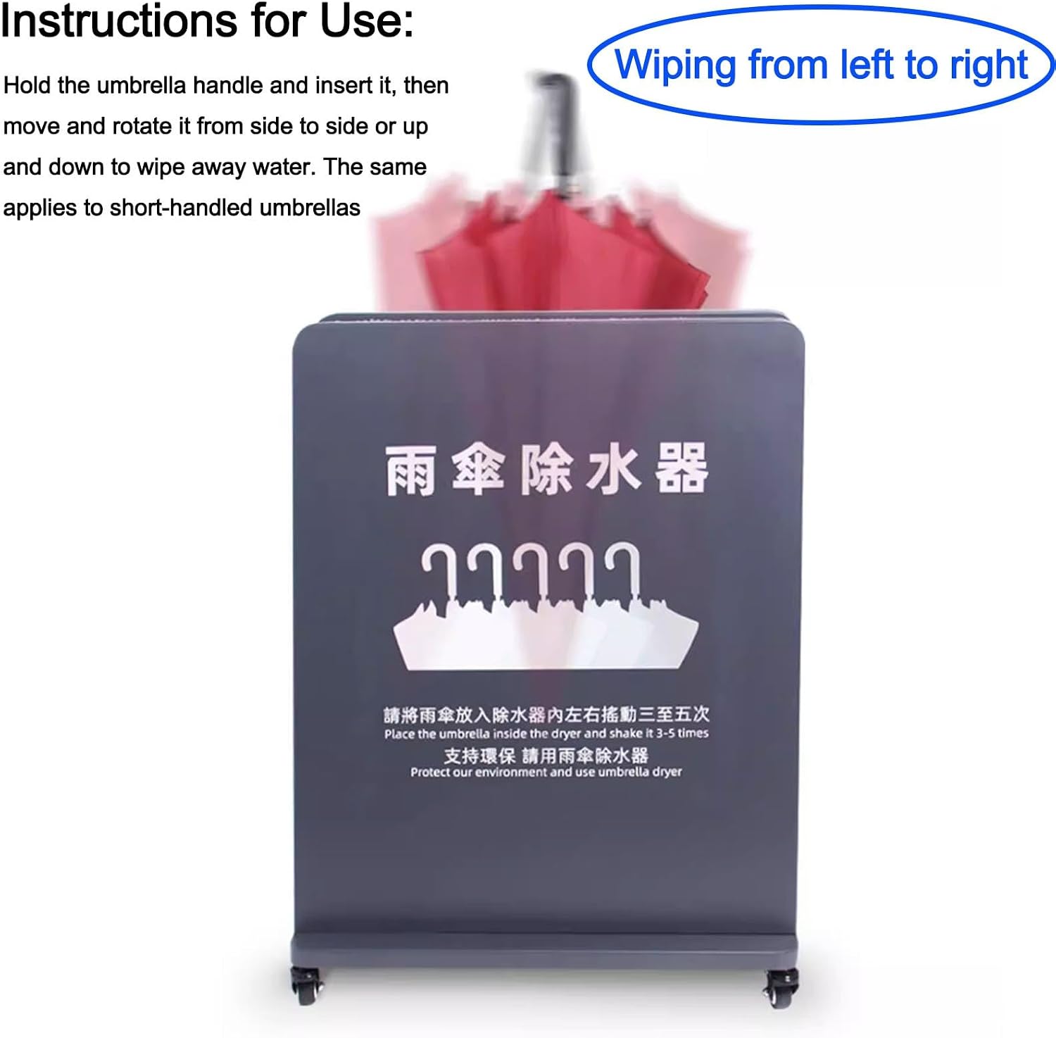 Commercial Umbrella Dryer on Wheels, Umbrella Water Remover with Removable Water Tray, Double-layered Absorbent Umbrellas Stand for Hotels, Shopping Malls, Banks(Black,23.6x10.4x31.8in)