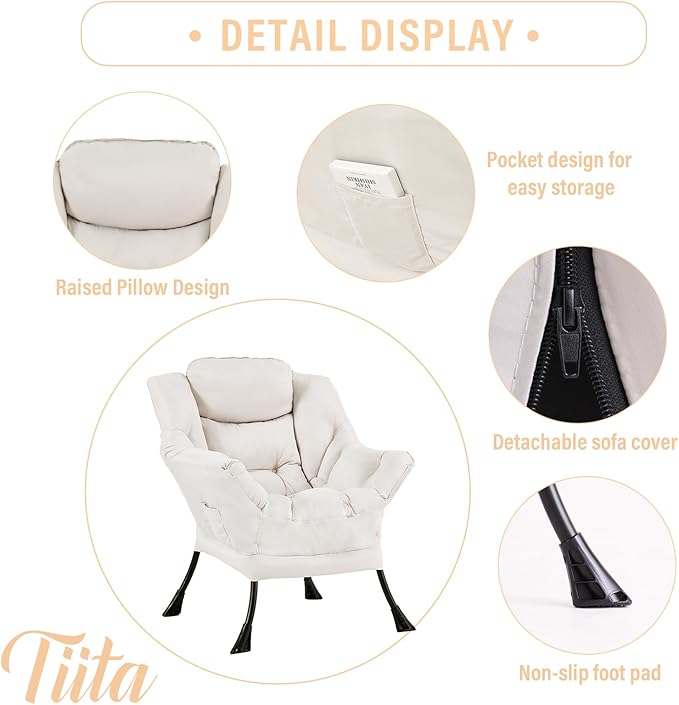 Tiita Lazy Chair with Ottoman, Modern Large Accent Lounge Armchair, Comfy Leisure Sofa Reading Chair with Footrest for Bedroom, Living Room, Dorm Rooms, Garden and Courtyard, Beige