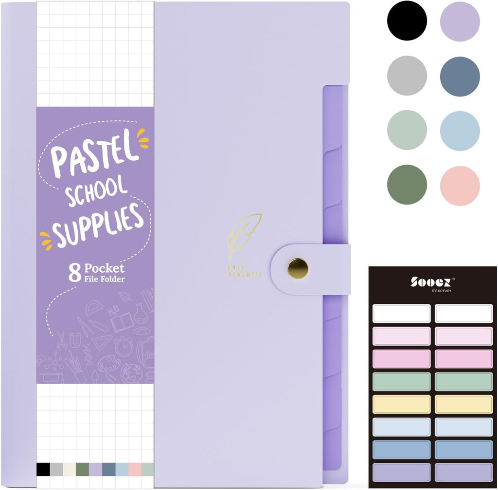 Sooez Aesthetic 8 Pocket Accordion File Organizer, Pastels Expanding File Folder for Important Document with Labels, Portable Receipt Paper Bill Organizer for Office School Supplies, Letter Size Purpl