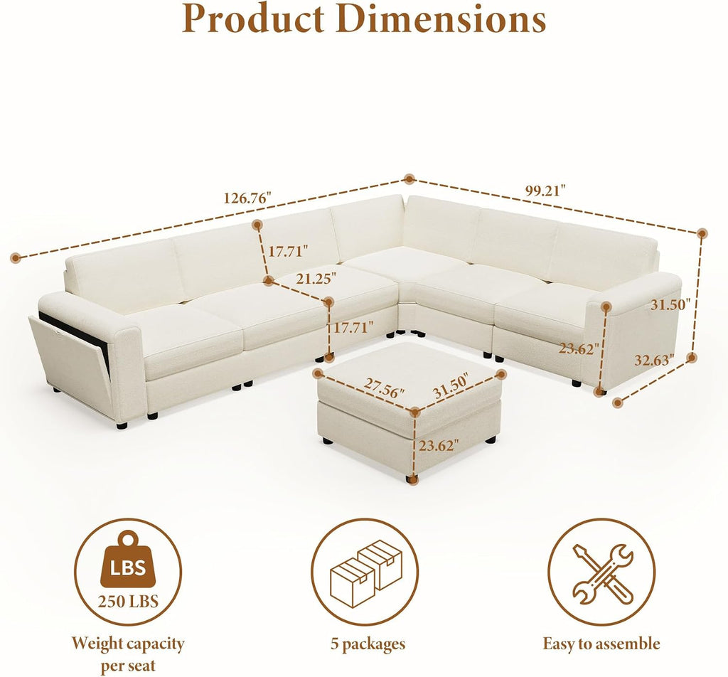 Vesgantti Oversized 6-Seater Chenille L Shaped Sectional Sofa, Beige | Modular, with Ottoman, Storage Armrests, Comfy Couch for Living Room, Apartment, Breathable Fabric, Pet-friendly