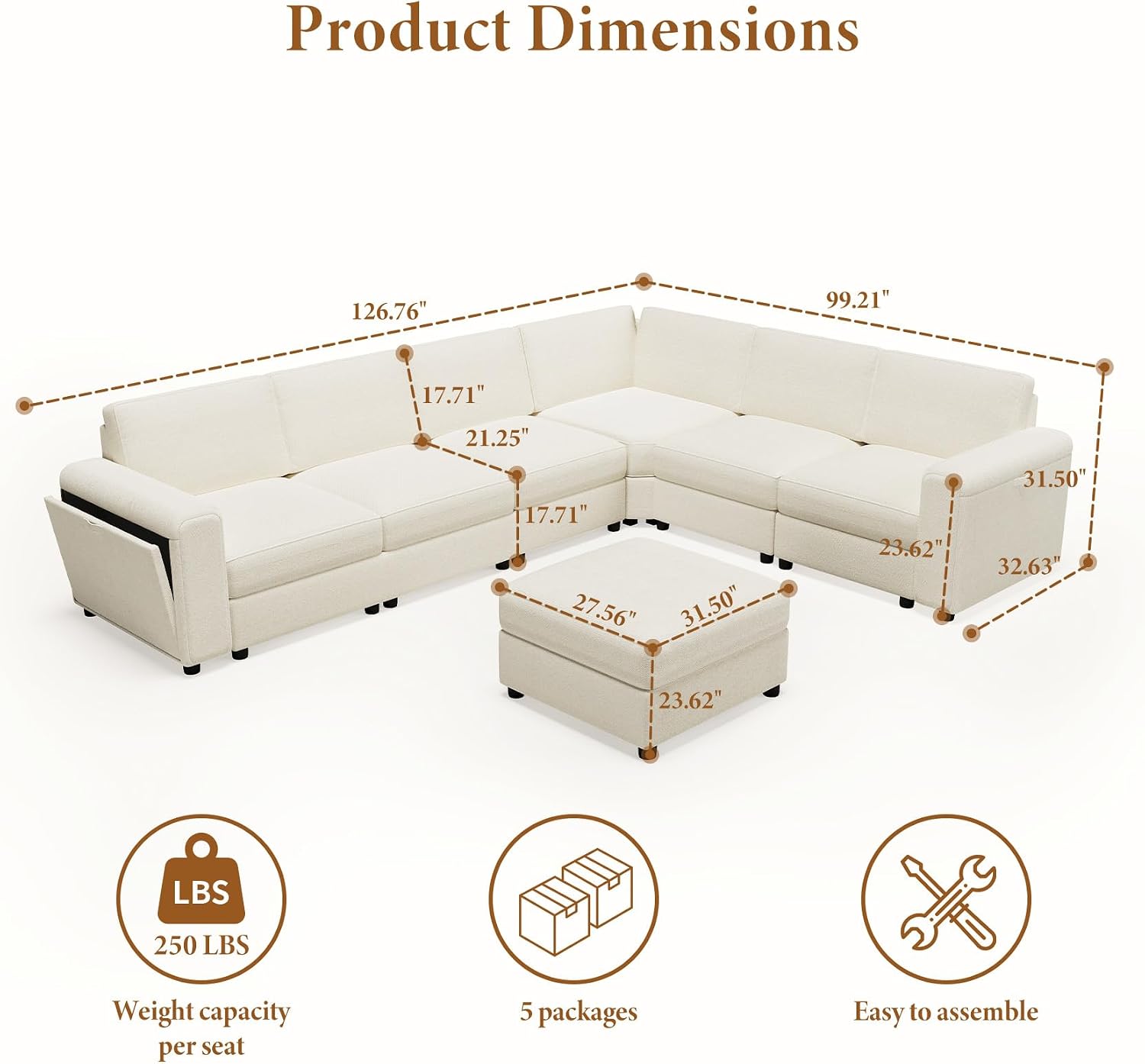 Vesgantti Oversized 6-Seater Chenille L Shaped Sectional Sofa, Beige | Modular, with Ottoman, Storage Armrests, Comfy Couch for Living Room, Apartment, Breathable Fabric, Pet-friendly