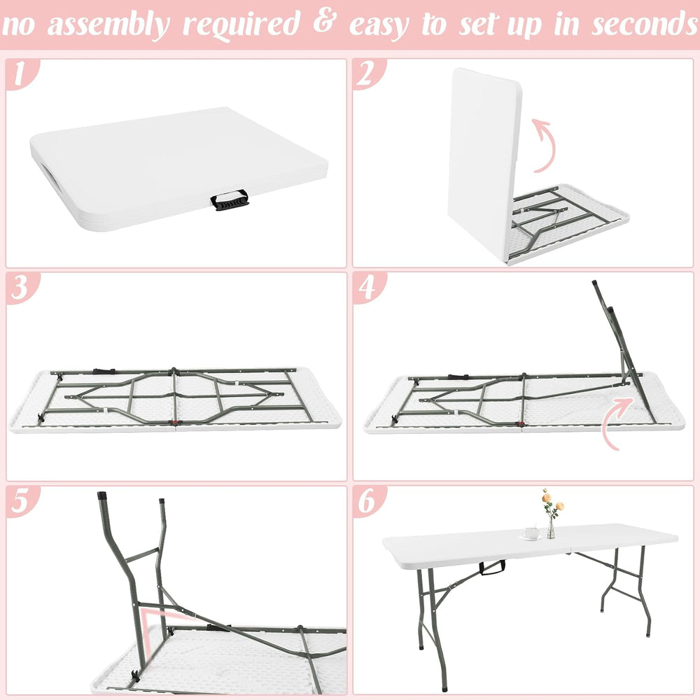 Fivenl 2 Pack 6 Feet Portable Folding Table White, Steel Legs Fold-in-Half wi...