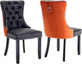 Dining Chairs Set of 2, Upholstered Dining Room Chairs with Back Ring Pull Trim and Solid Wood Legs, Modern Tufted Kitchen Chairs Perfect for Dining Room, Black Pu Leather Splicing Orange Velvet