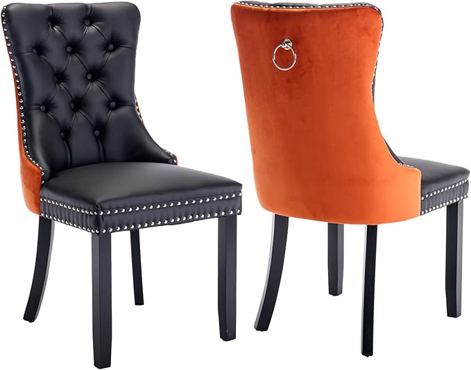 Dining Chairs Set of 2, Upholstered Dining Room Chairs with Back Ring Pull Trim and Solid Wood Legs, Modern Tufted Kitchen Chairs Perfect for Dining Room, Black Pu Leather Splicing Orange Velvet