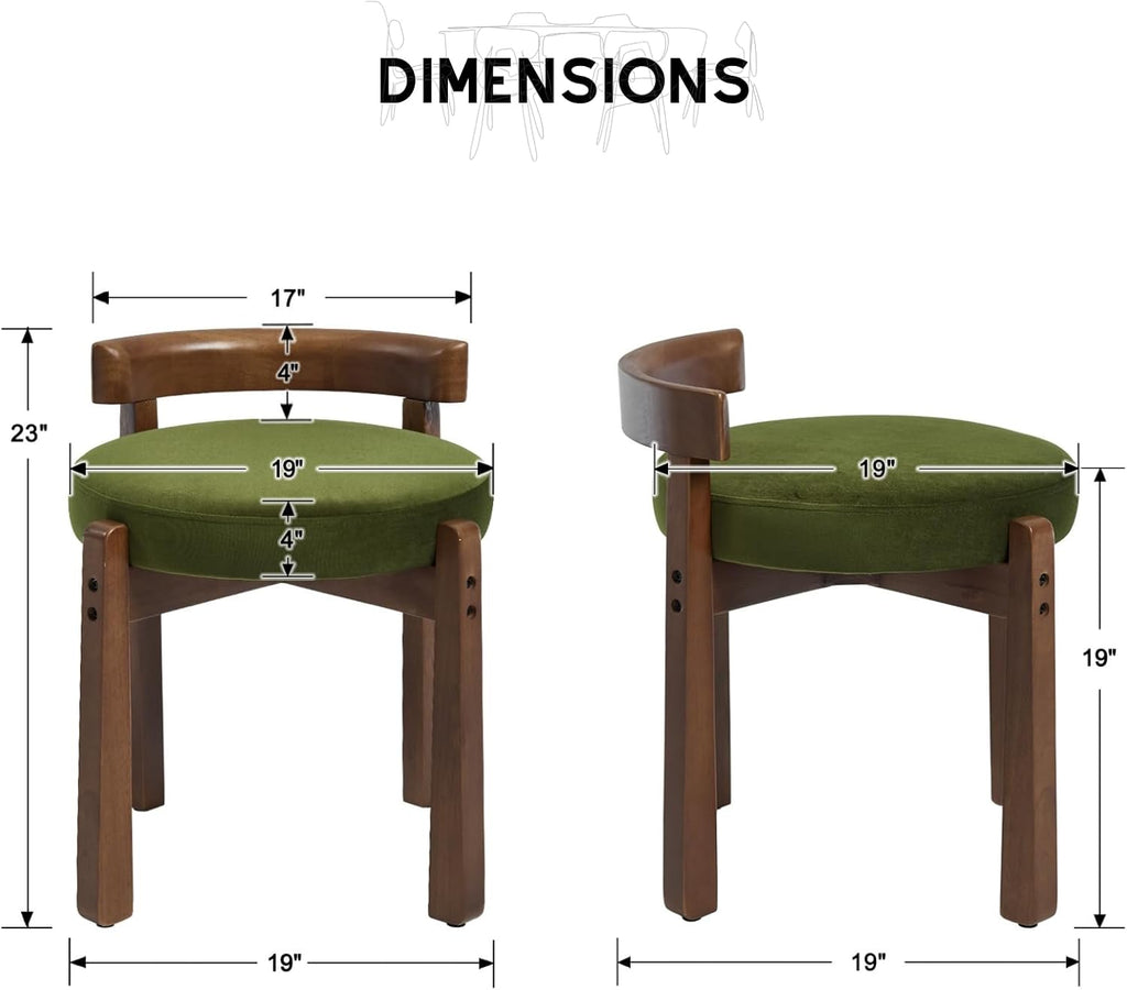 HEAH-YO Wood Vanity Chair with Back, Velvet Upholstered Small Ottoman Footstool, Mid-Century Modern Makeup Chair with Solid Wood Legs for Makeup Room Bedroom Living Room, Green