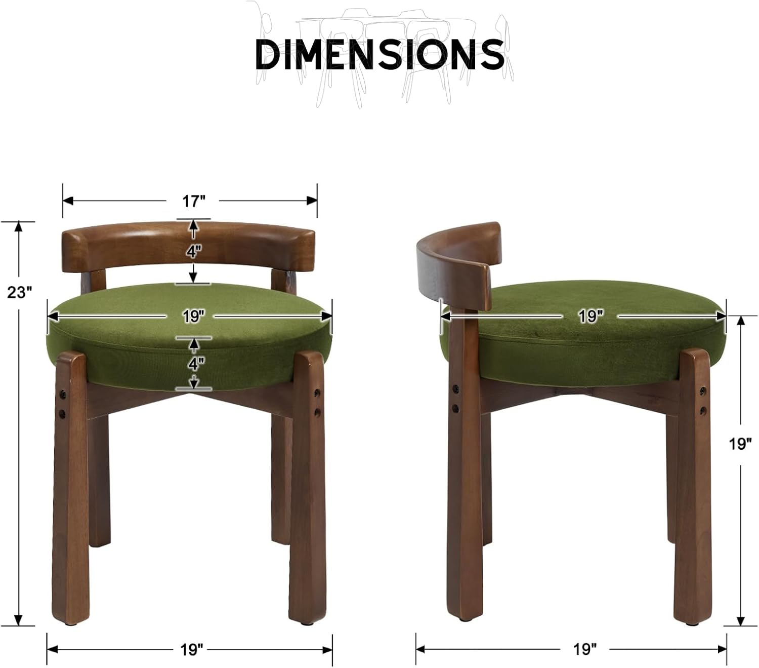 HEAH-YO Wood Vanity Chair with Back, Velvet Upholstered Small Ottoman Footstool, Mid-Century Modern Makeup Chair with Solid Wood Legs for Makeup Room Bedroom Living Room, Green