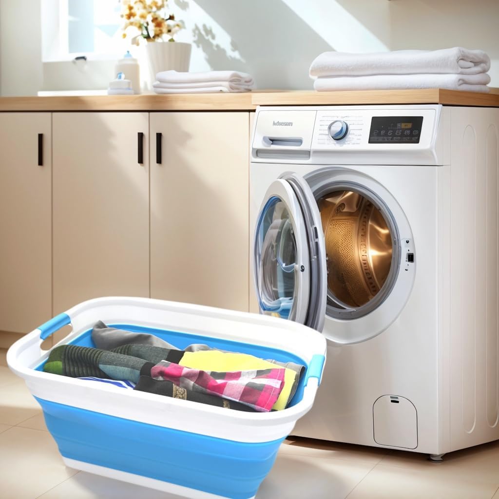 SAMMART Set of 2-41L(10.8 gallon) Collapsible Plastic Laundry Basket-Pop Up Storage Container-Portable Washing Tub-Space Saving Hamper/Basket, Water capacity:32L(8.4 gallon) (2 rectangular, Sky Blue)