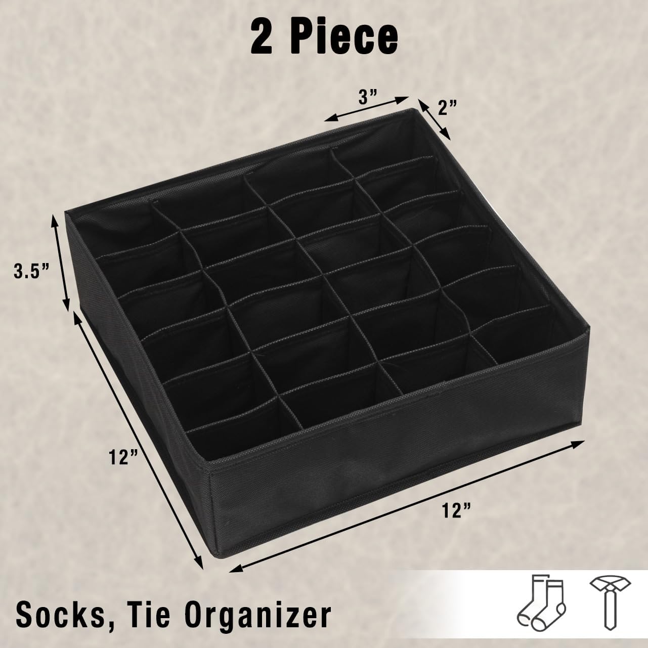 Simple Houseware 2 Pack Closet Sock Organizer, 24 Cell Drawer Divider, Black
