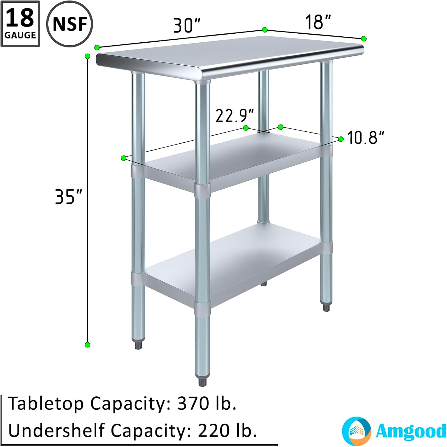 AmGood Stainless Steel Work Table with 2 Shelves | NSF | Metal Utility Table (30" Long x 18" Deep)