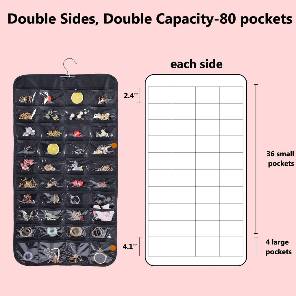 Bloss Hanging Jewelry Organizer and storage for Closet With 80 Pockets,Earring Organizer Hanging Holder Storage for Women Gift,Jewelry Organizer for Closet, Wall, Door-Black
