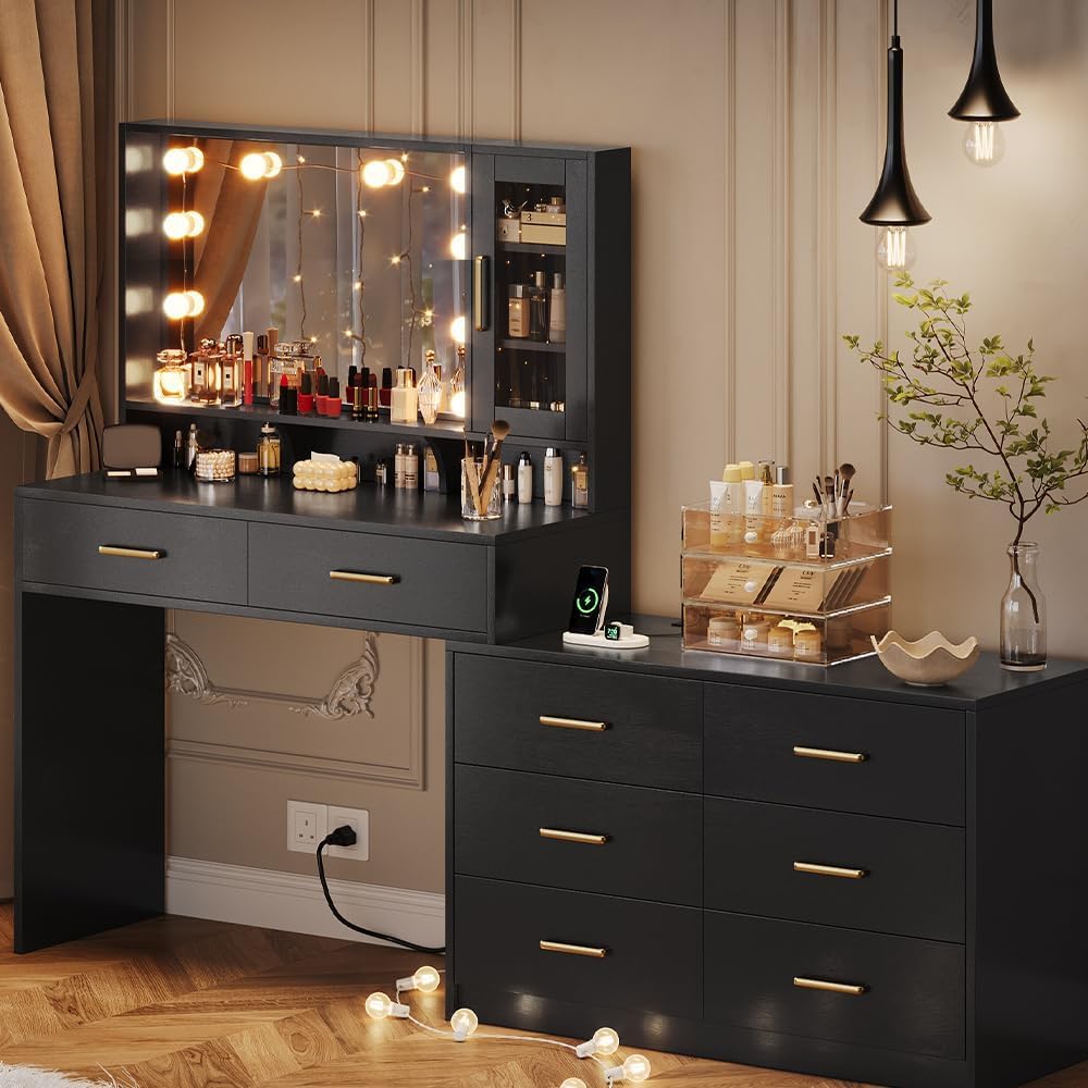 Makeup Desk with Drawers & Cabinet & Dresser, Black Vanity Table with...