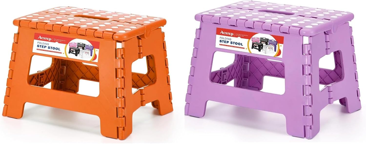 ACSTEP 9 Inch Folding Step Stool 2 Pack, Plastic Foldable Step Stools with Handle, 300 LB Non-Slip Stepping Stool for Kids and Adults, Portable for Kitchen, Bathroom (Orange & Light Purple)