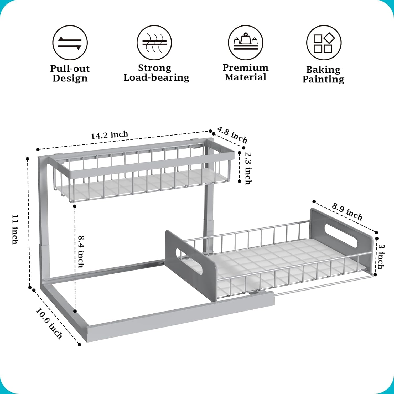REALINN Under Sink Organizer, Pull Out Cabinet Organizer 2 Tier Slide Out Sink Shelf Cabinet Storage Shelves, Storage for Kitchen Bathroom, Grey, 2 Pack