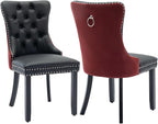 Dining Chairs Set of 2, Upholstered Dining Room Chairs with Back Ring Pull Trim and Solid Wood Legs, Modern Tufted Kitchen Chairs Perfect for Dining Room, Black Pu Leather Splicing WineRed Velvet