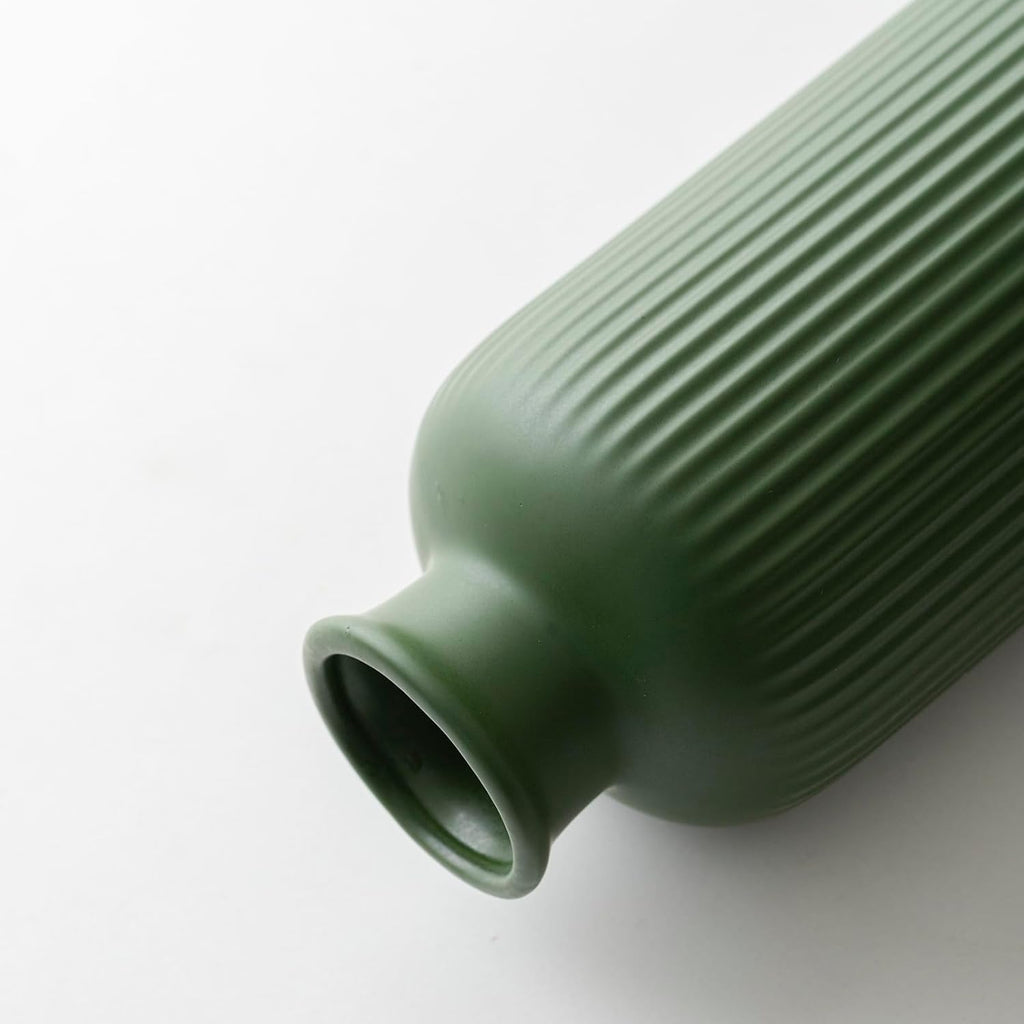 Green Ribbed Ceramic Vase for Flowers, Modern Textured Decorative Vase, 10 Inch Tall, 4 Inch Width, Farmhouse Style Home Decor (Matte Glaze Green)