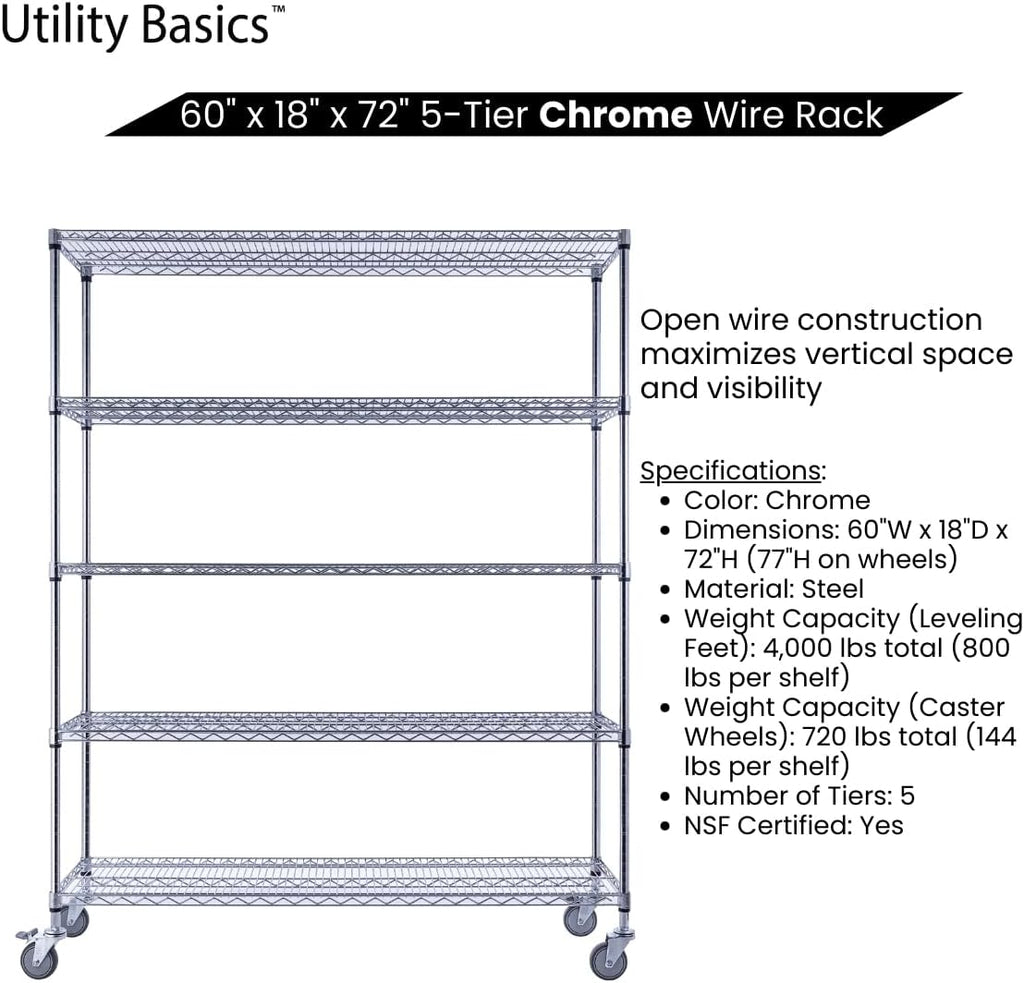 NSF Commercial 5-Tier Wire Shelving with Wheels, 60"x18"x72" Heavy Duty Metal Shelves 4000 lbs Max Capacity, Chrome Storage Rack for Garage Kitchen Pantry Warehouse