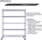 NSF Commercial 5-Tier Wire Shelving with Wheels, 60"x18"x72" Heavy Duty Metal Shelves 4000 lbs Max Capacity, Chrome Storage Rack for Garage Kitchen Pantry Warehouse