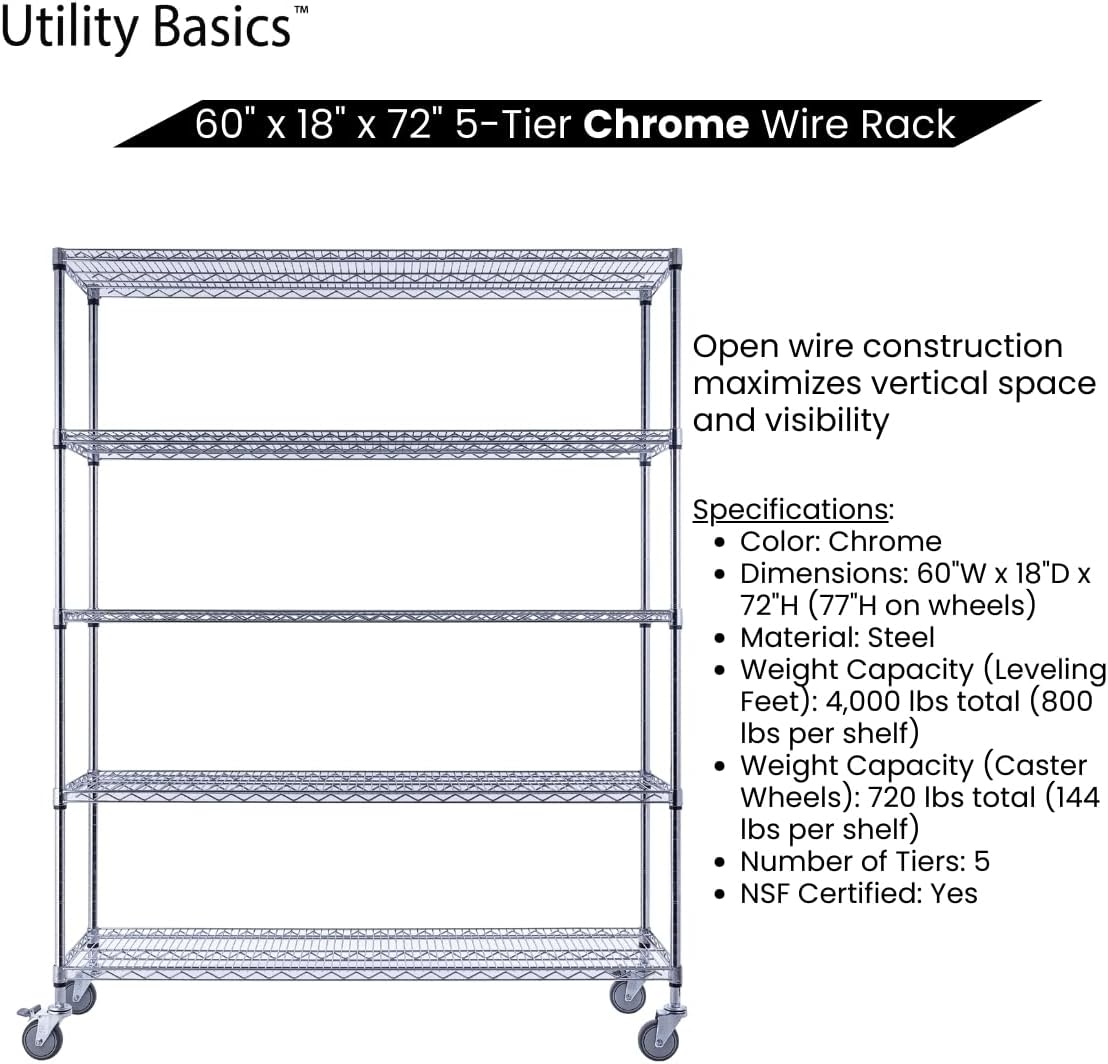 NSF Commercial 5-Tier Wire Shelving with Wheels, 60"x18"x72" Heavy Duty Metal Shelves 4000 lbs Max Capacity, Chrome Storage Rack for Garage Kitchen Pantry Warehouse