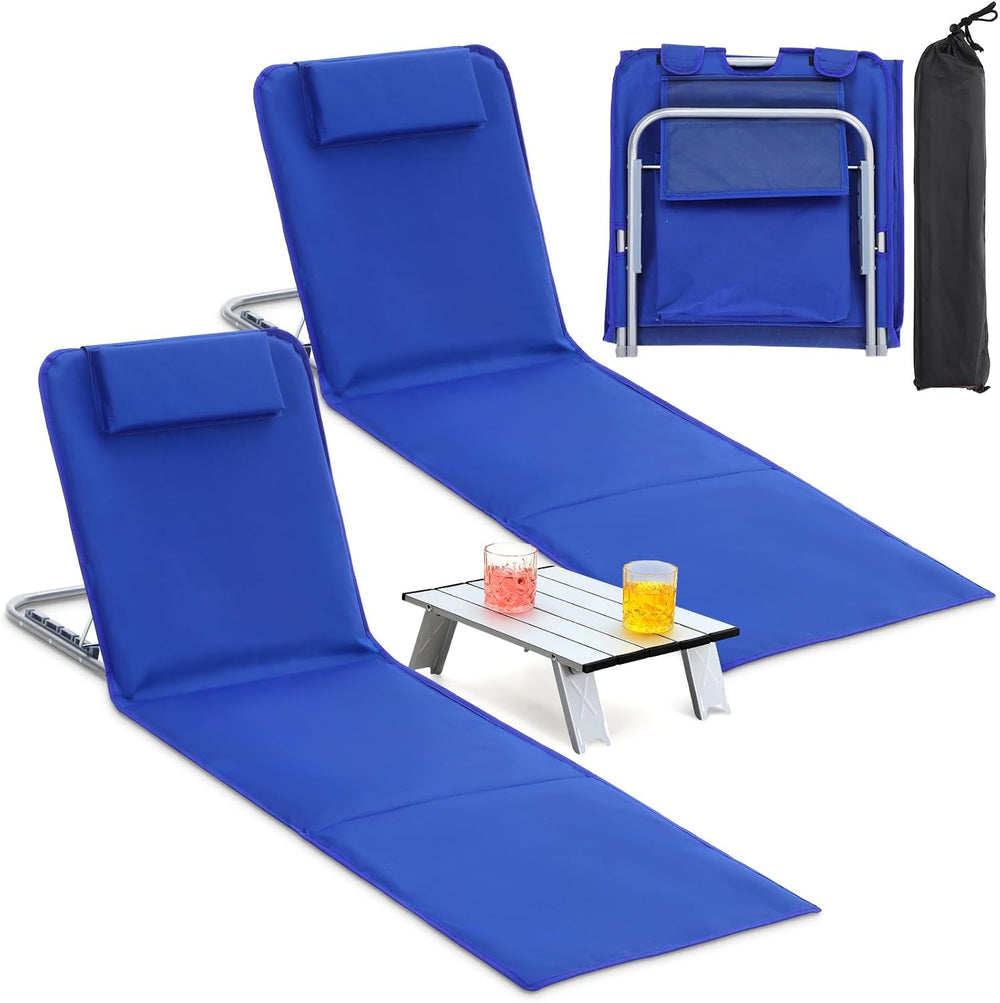Beeveer 3 Pcs Beach Lounge Chaise Chair with Folding Side Table, Deep Blue