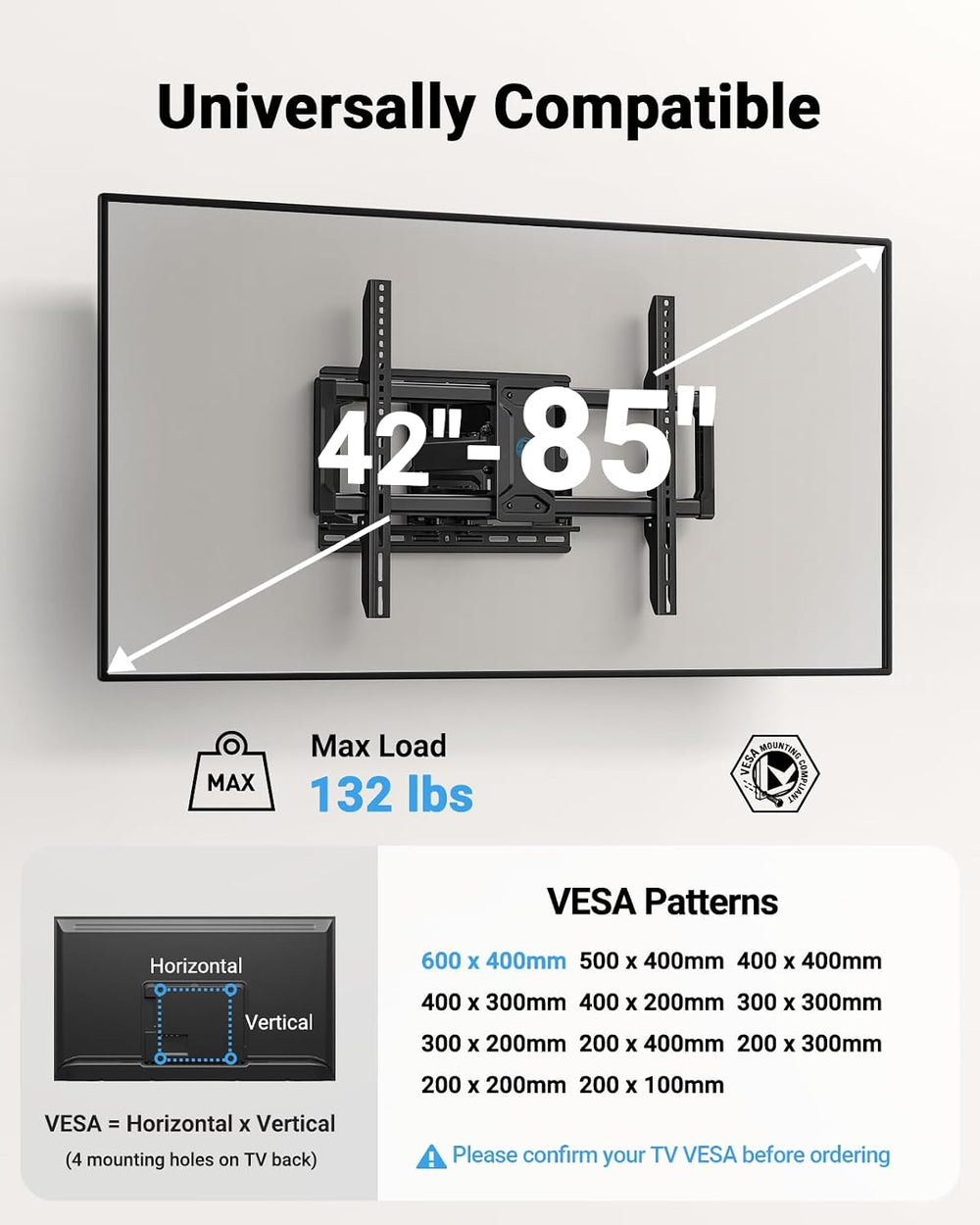 Pipishell Full Motion TV Wall Mount for 42-85 inch LED TVs up to 132lbs, Fits...