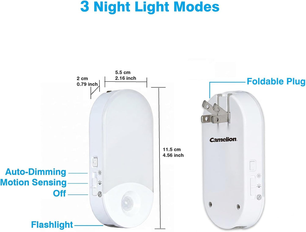 Camelion 4-in-1 Power Failure Night Light,Flashlight,Motion Sensing, 3-Pack