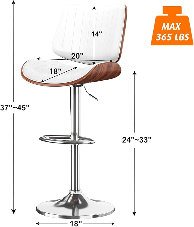 Swivel Bar Stools Set of 1, Adjustable Bentwood Barstools for Kitchen Counter, Modern PU Leather Upholstered Bar Chair with Back and Footrest, for Kitchen Island, Bar, Dining Room, White