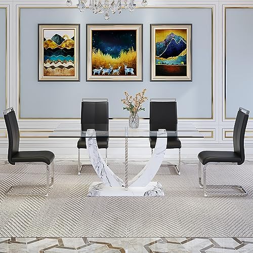 Modern Faux Marble Dining Table Set for 6, 63" Rectangular Kitchen Table...