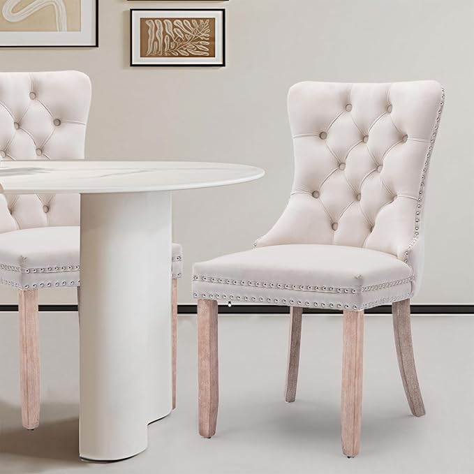 Velvet Upholstered Dining Chairs Set of 6, Modern Style Kitchen Side Chairs with Nailhead Trim and Wood Legs,Metal Pulling Ring for Dining Room Living Room(Beige,Set of 6)
