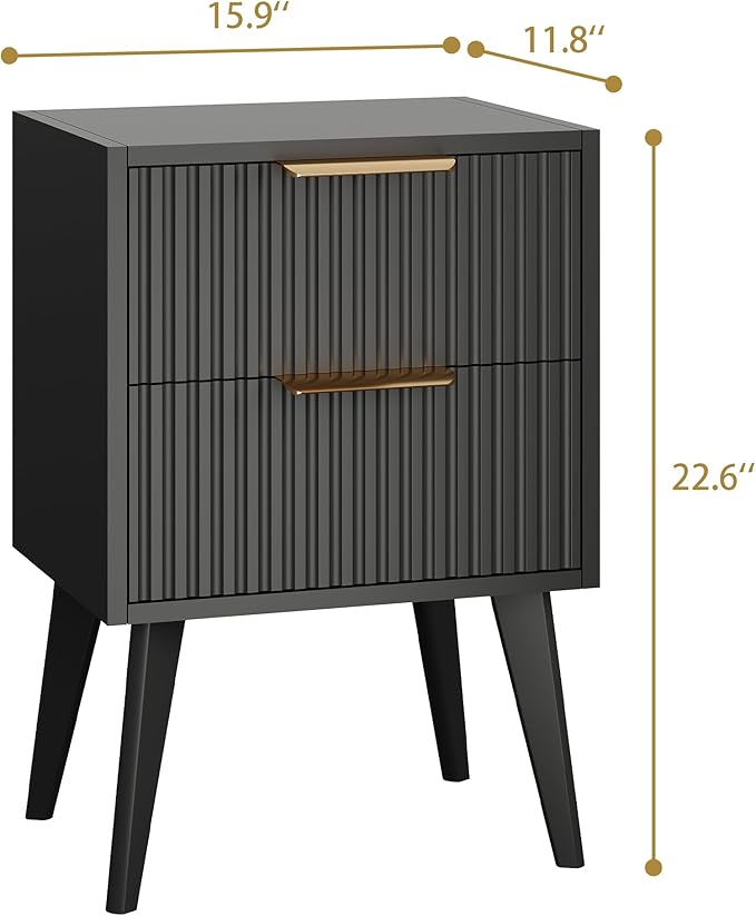 Fluted Nightstand with 2 Drawers,Modern Bedside Table with Metal Handles,Whit...