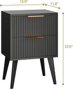 Fluted Nightstand with 2 Drawers,Modern Bedside Table with Metal Handles,White Side Table with Solid Wood Legs,Mid Century End Table for Living Room,Bedroom,Black CTG55BK