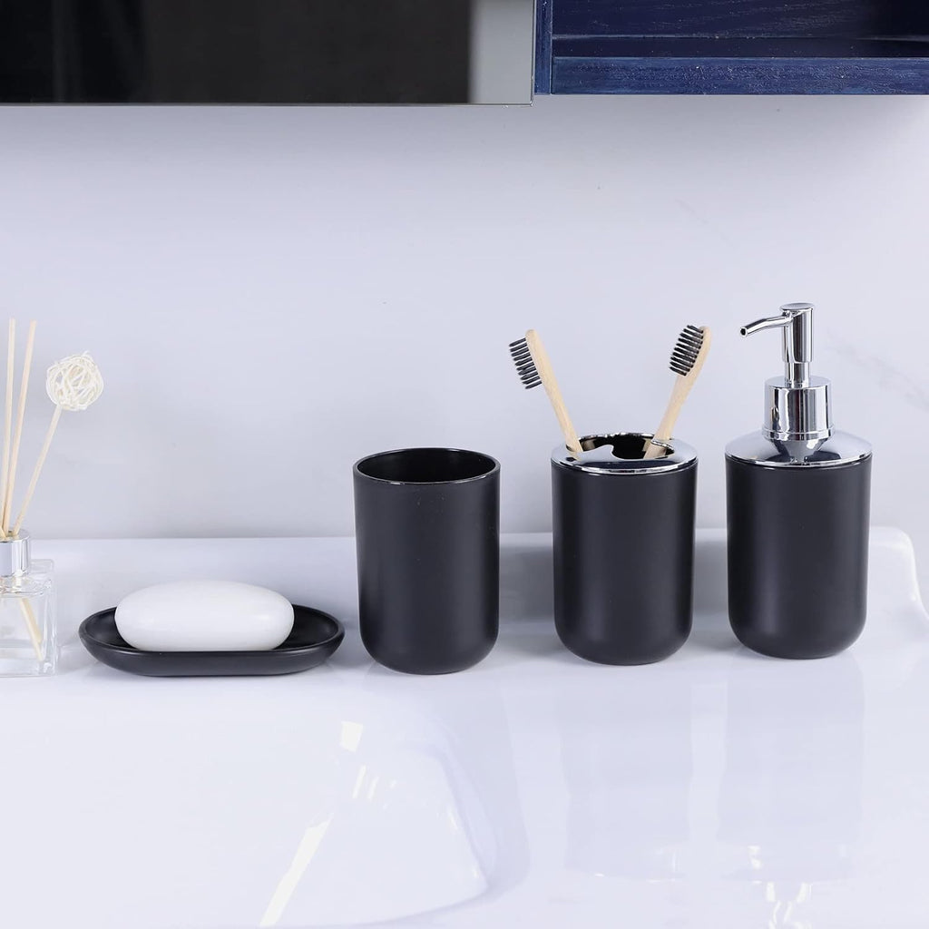 IMAVO Bathroom Accessories Set,Black Bathroom Set,7 Pieces Bathroom Accessory Set,Tray,Toilet Brush,Trash Can for Bathroom Décor and Housewarming Gifts