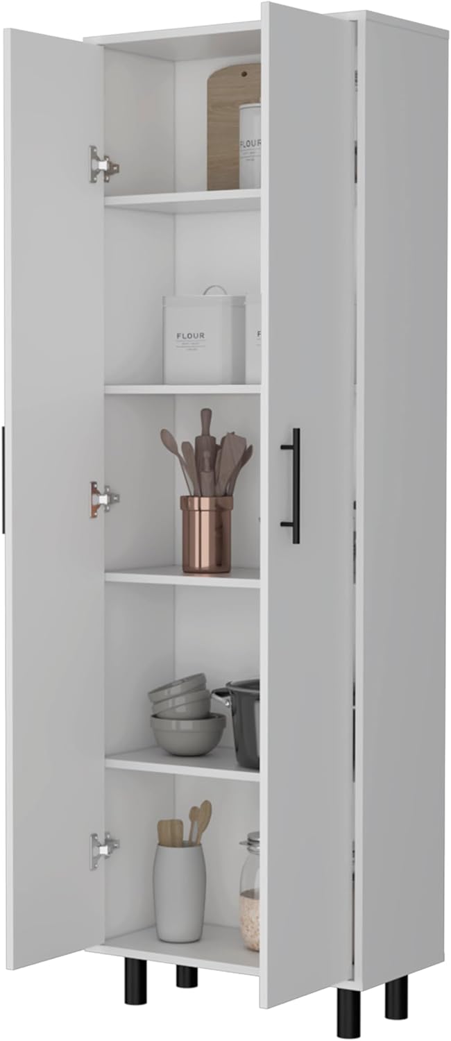 Spacious White Tall Pantry Cabinet with 5 Shelves - Kitchen Cupboard Organize...