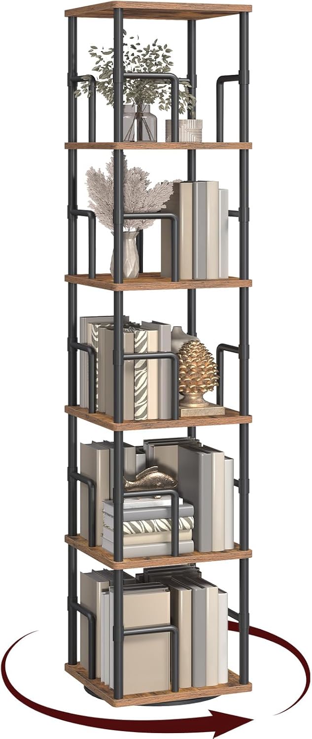 MAHANCRIS 5-Tier Rotating Bookshelf, Freestanding Corner Bookshelf, 360° Spin...