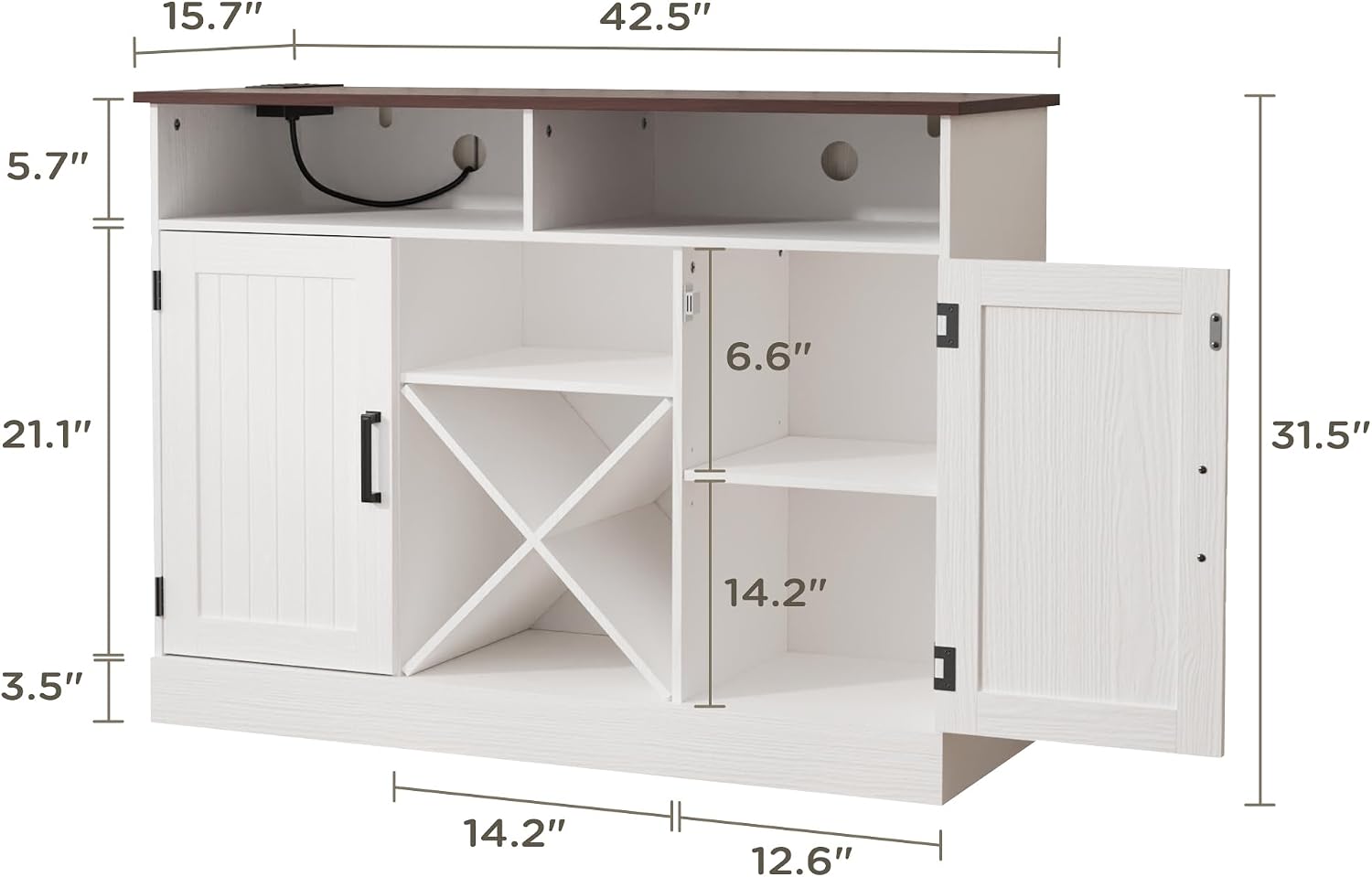 MHOM Farmhouse Coffee Bar Cabinet with Prower Outlets, Rustic Liquor Cabinet with Wine Rack, Wooden Wine Cabinet for Dining Room & Living Room, White