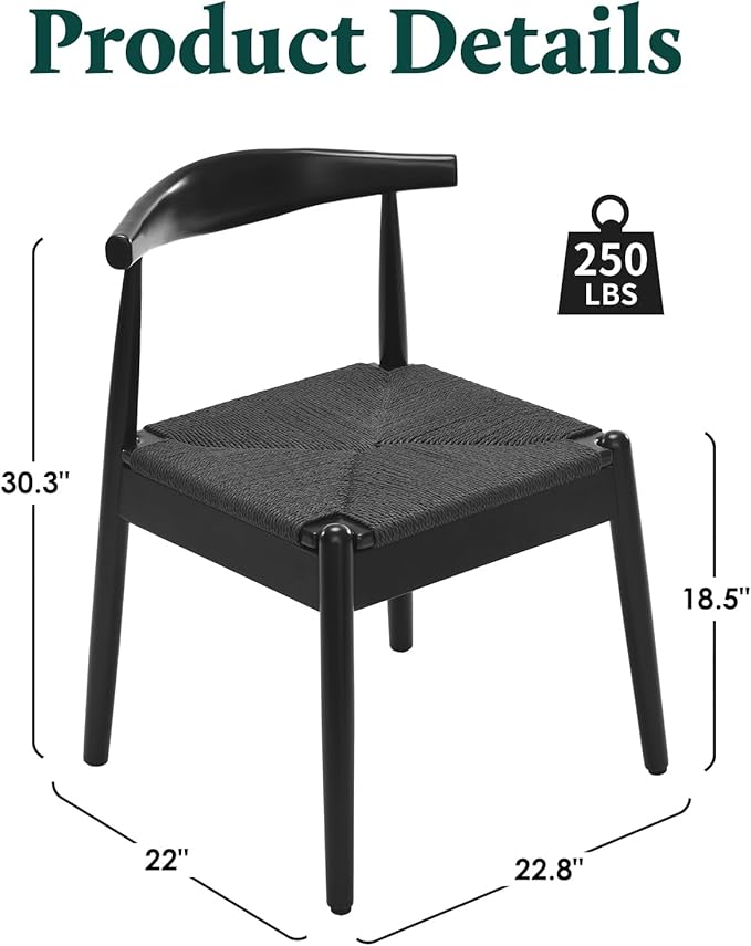 Farini Mid Century Modern Dining Chairs Set of 4, Solid Wood Frame Kitchen Chairs with Woven Upholstered Seat for Dining Room & Breakfast Nook,Black-Black