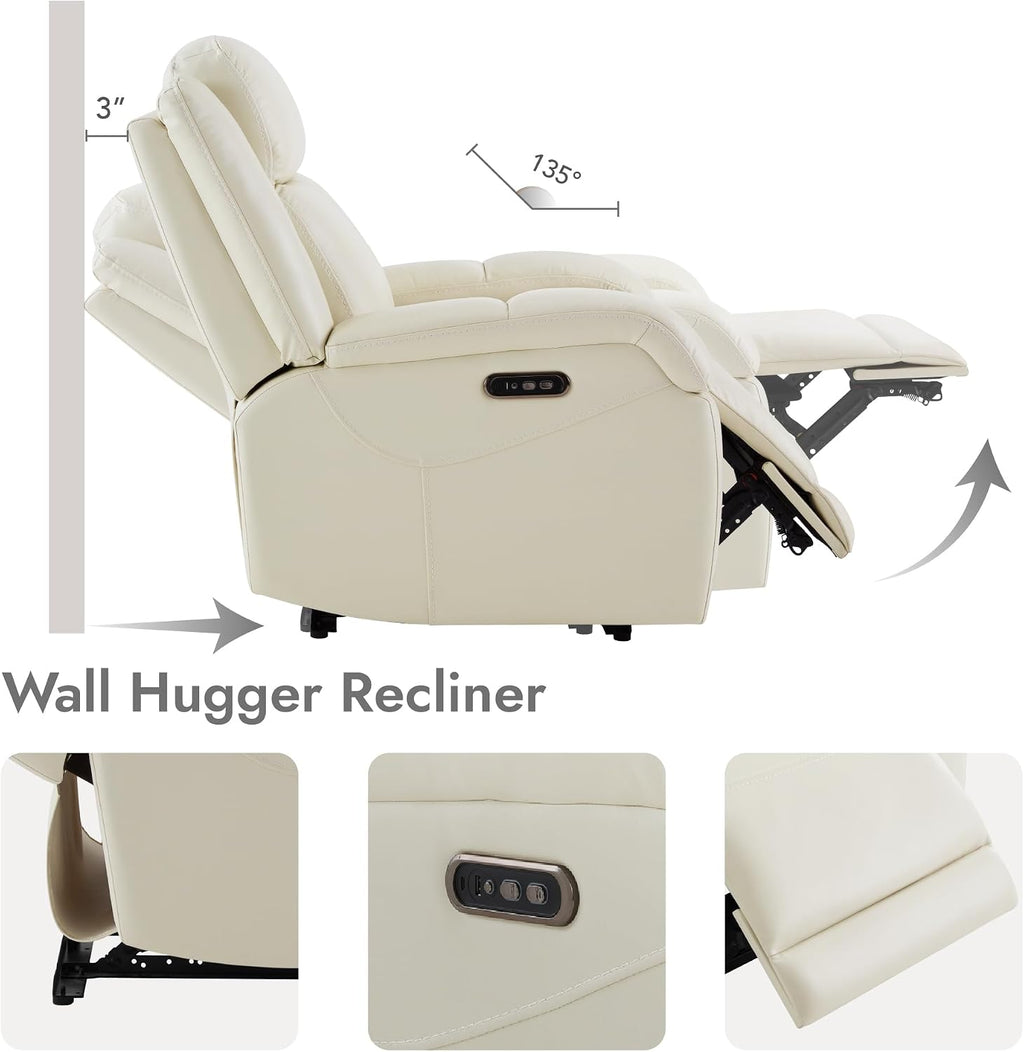 Watson & Whitely Genuine Leather Wall Hugger Power Recliner, Cream | Recliner Chair for Adults, Power Headrest, USB/Type-C Charging Ports, Electric Reclining Sofa Chair for Living Room, RV