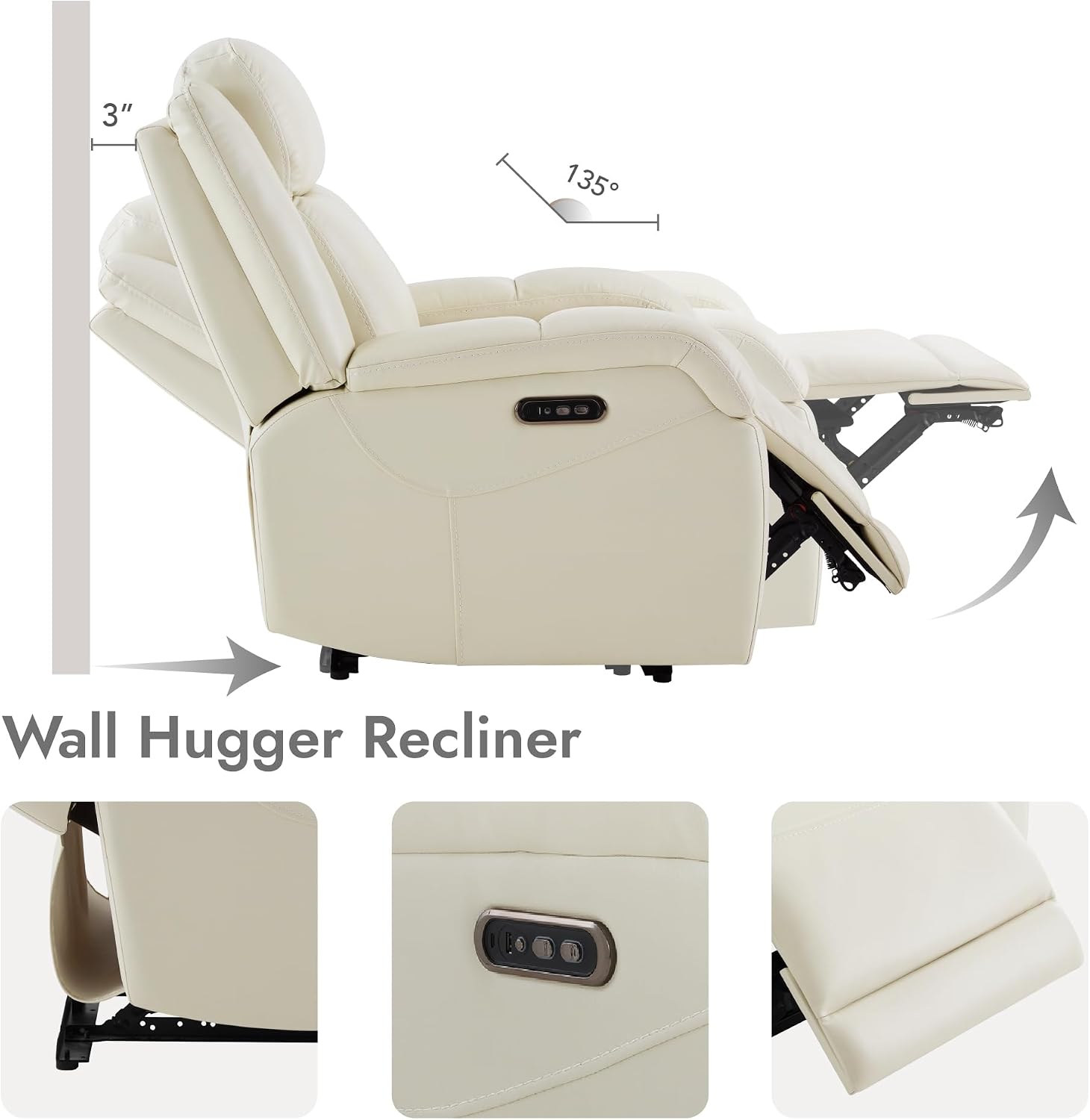 Watson & Whitely Genuine Leather Wall Hugger Power Recliner, Cream | Recliner Chair for Adults, Power Headrest, USB/Type-C Charging Ports, Electric Reclining Sofa Chair for Living Room, RV