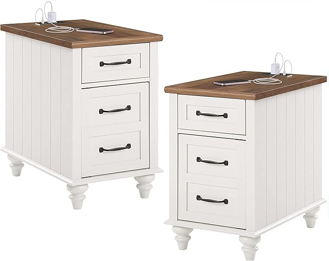 WAMPAT 2 Pack Off White End Table with Charging Station, Wood Side Sofa Table...