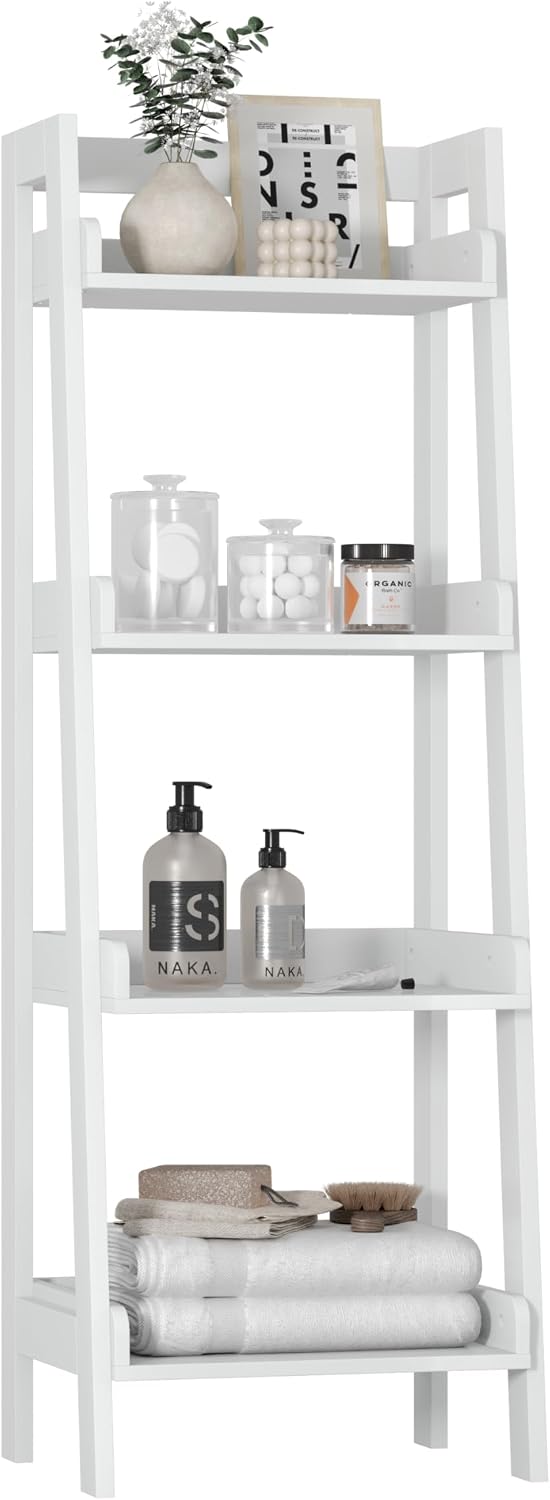 UTEX Freestanding Bathroom Storage Shelf with 4-Tier Ladder Design, White | 4 Fixed Shelves, A-Frame Ladder Design, Side and Back Guards, Anti-Tip Design, 14.69" W × 11.42" D × 42.7" H