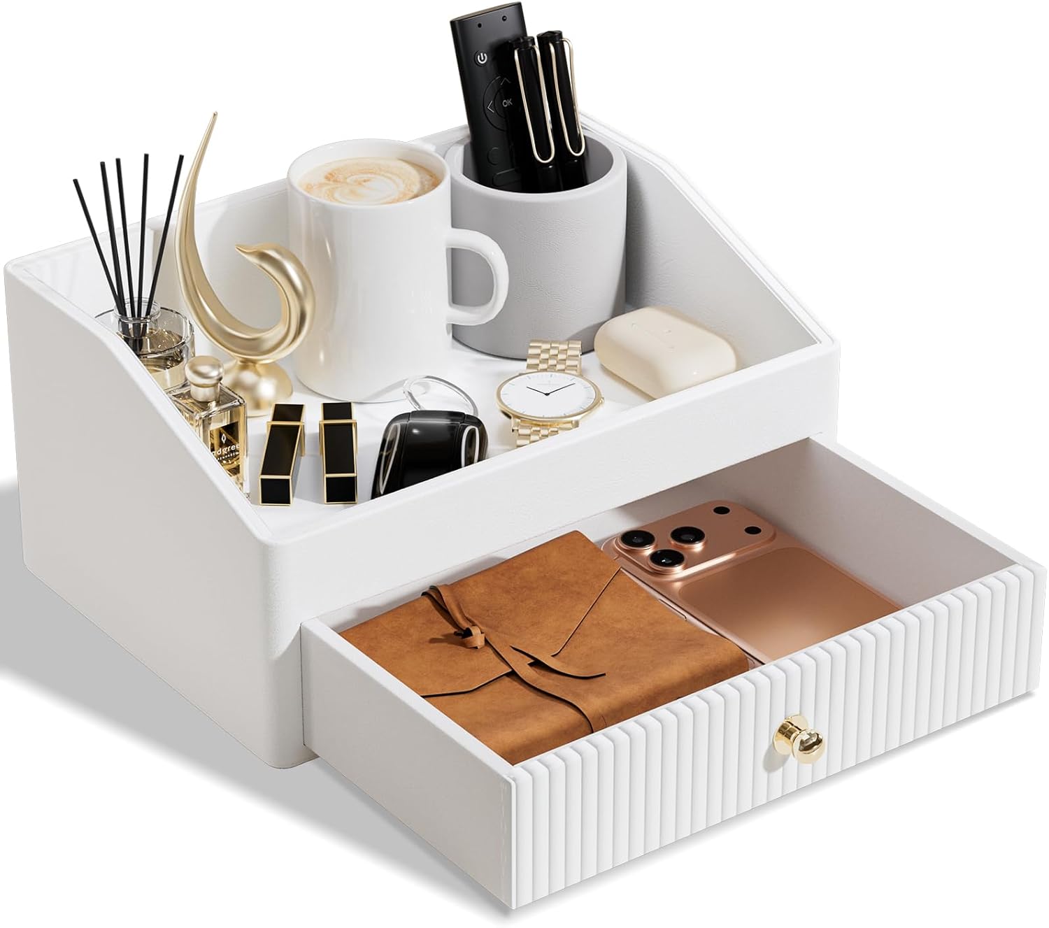 Office Desk Accessories,Beige White Vegan Leather Office Organizer with 1 Drawer & Tray,Pen Holder with Gold-Tone Metal Accents Knob for End Tables,Bedside Table,Bedroom.