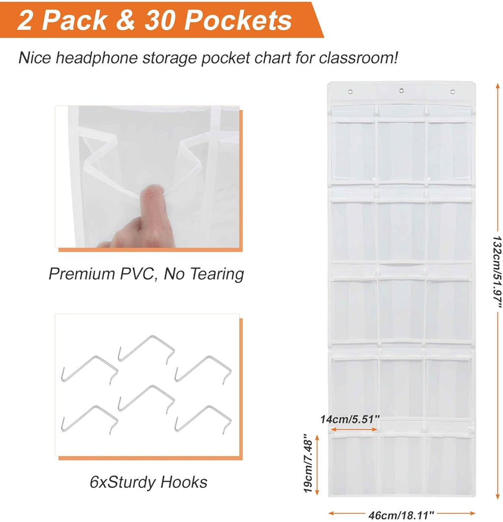 Classroom Headphone Storage Organizer, Door Hanging Organizer with 2-Layer Polyvinyl Chloride, Non-Woven Fabric, Clear, Hanging Storage Bag, 2Set