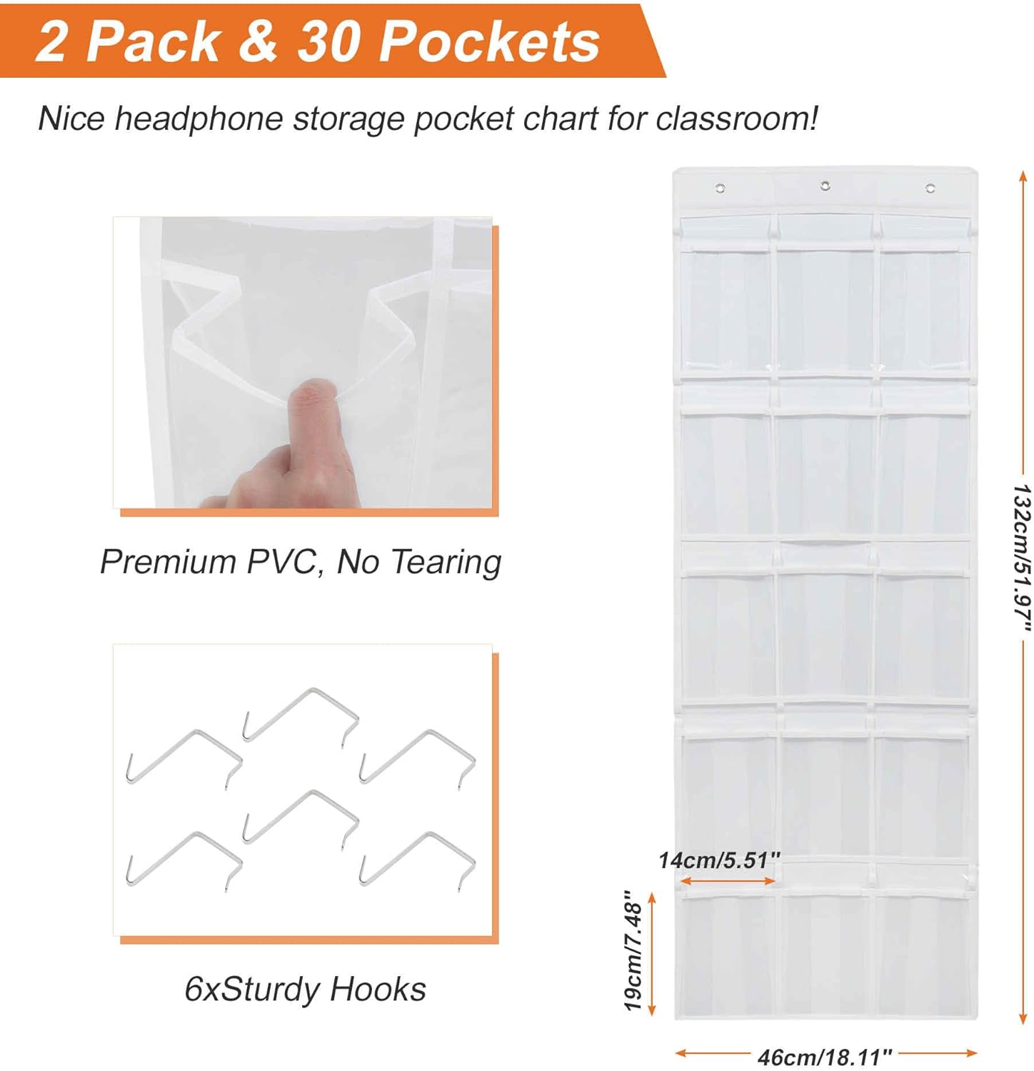 Classroom Headphone Storage Organizer, Door Hanging Organizer with 2-Layer Polyvinyl Chloride, Non-Woven Fabric, Clear, Hanging Storage Bag, 2Set