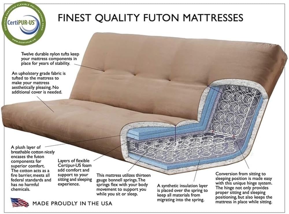 Pemberly Row 8" Full Size Spring Futon Mattress Replacement, Suede Fabric Sleeper Sofa Bed Mattress, Gray-Frame Not Included